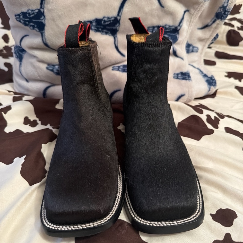 Black Hair-On Leather Square-Toe Chelsea Boots